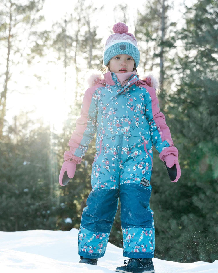 One Piece Kids Ski Snowsuit Teal With Spring Flower - Deux Par Deux - Arkersport