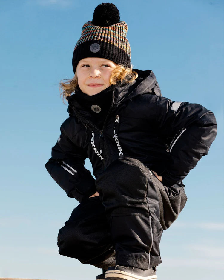 Teknik One Piece Black with Reflective Stripe Kids Ski Snowsuit - Deux Par Deux - Arkersport