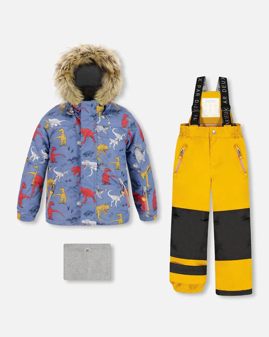 Deux par Deux Two Piece Kids Ski Snowsuit Harvest Gold With Dino Print